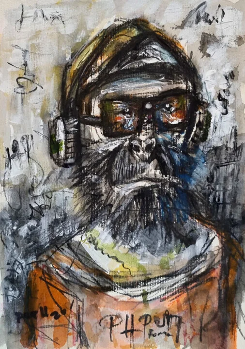 Click to view in high resolution Muted Green Monkey Portrait in Ink and Watercolor