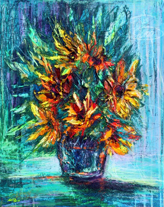 Click to view in high resolution Golden Sunflowers in Turquoise Vase