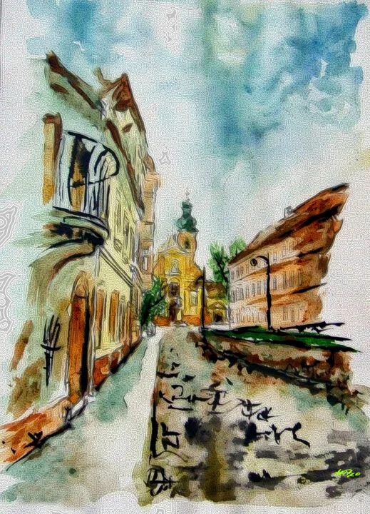 Click to view in high resolution Turquoise and Ochre Serene Street Scene