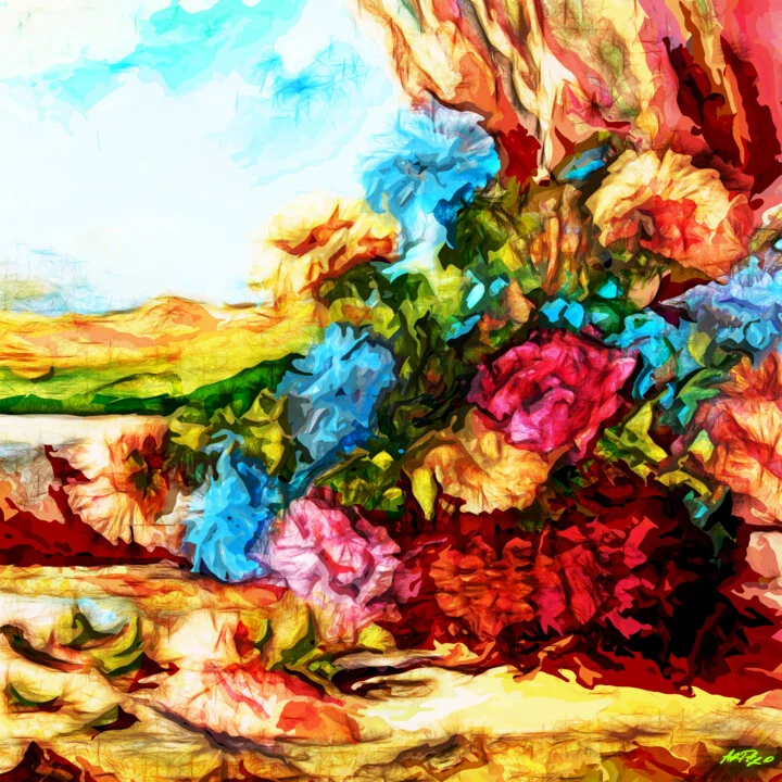 Click to view in high resolution Crimson and Cerulean Floral Window Scene