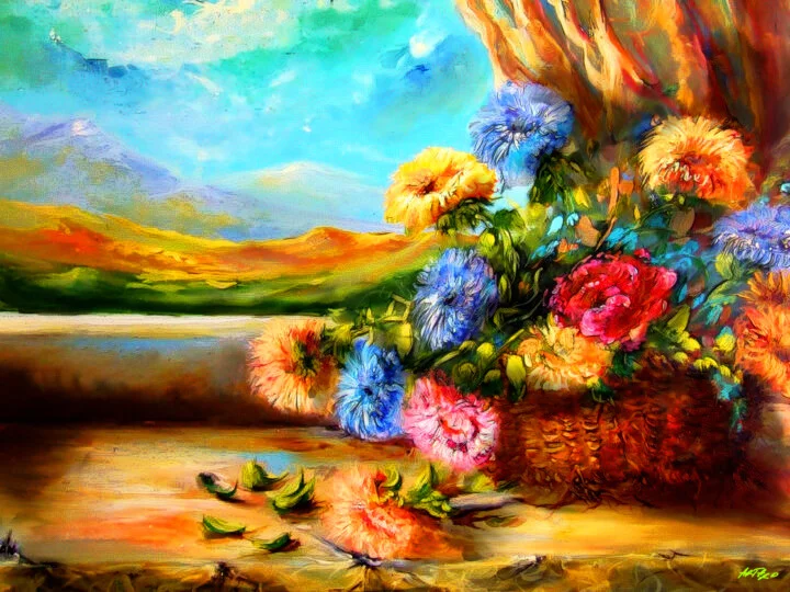 Click to view in high resolution Crimson and Cerulean Floral Scene