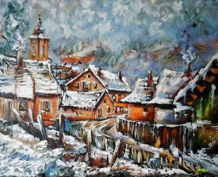 Click to view in high resolution Soft White and Ochre Winter Village Digital Art