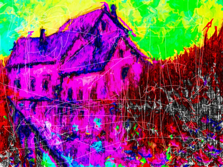 Click to view in high resolution Magenta and Green Watermill Digital Art