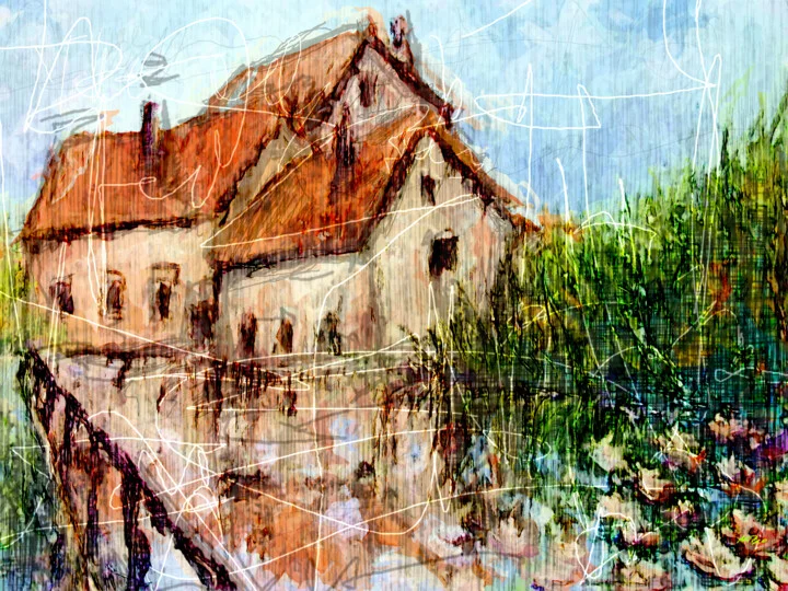 Click to view in high resolution Apricot and Green Watermill Scene