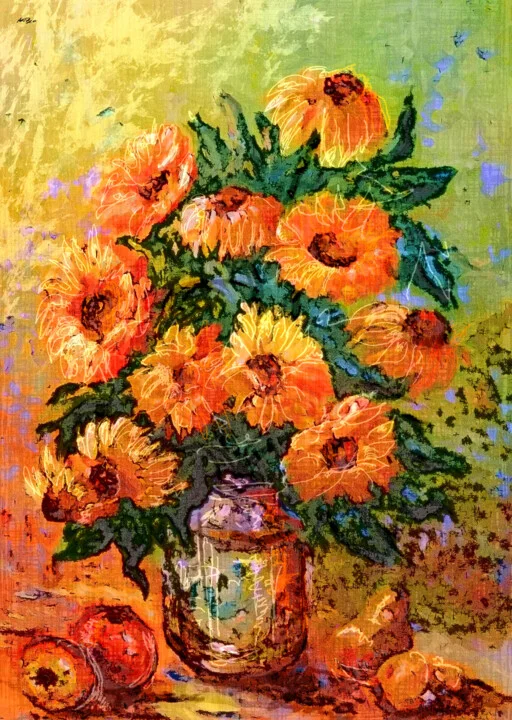 Click to view in high resolution Golden Sunflowers in Glass Jar