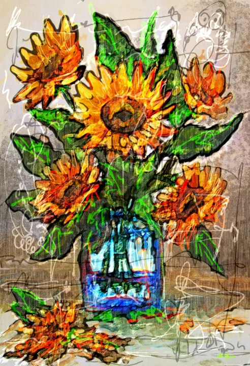 Click to view in high resolution Bright Sunflowers in Blue Digital Painting