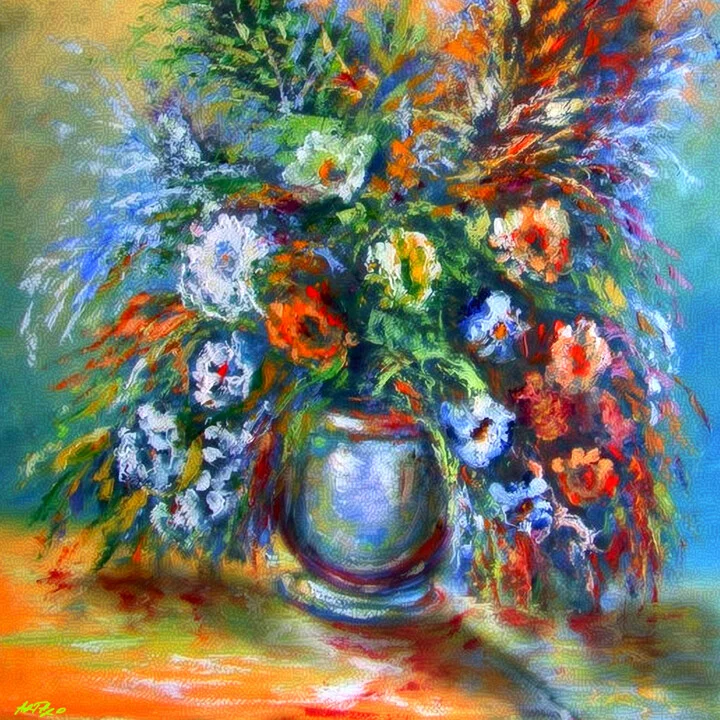 Click to view in high resolution Fiery Red and Soft Blue Floral Bouquet