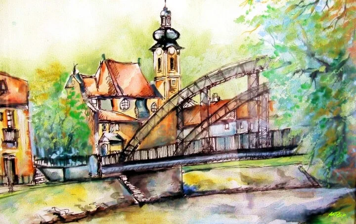 Click to view in high resolution Serene Ochre and Green Church Scene