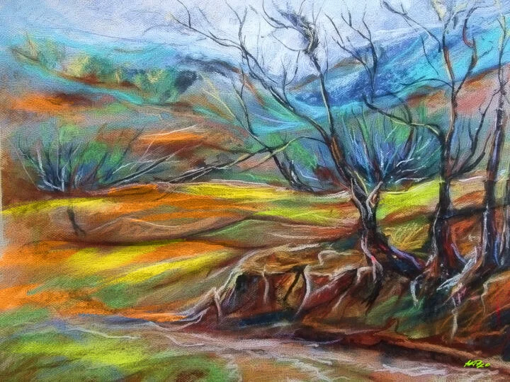 Click to view in high resolution Soft Pastel Landscape in Rich Ochre