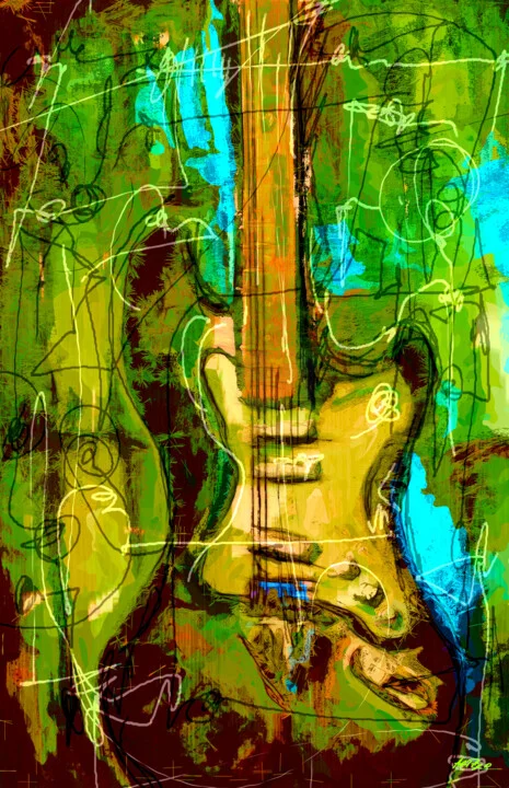Click to view in high resolution Electric Blue and Green Guitar Digital Art