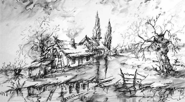 Click to view in high resolution Cottage Landscape in Black Ink