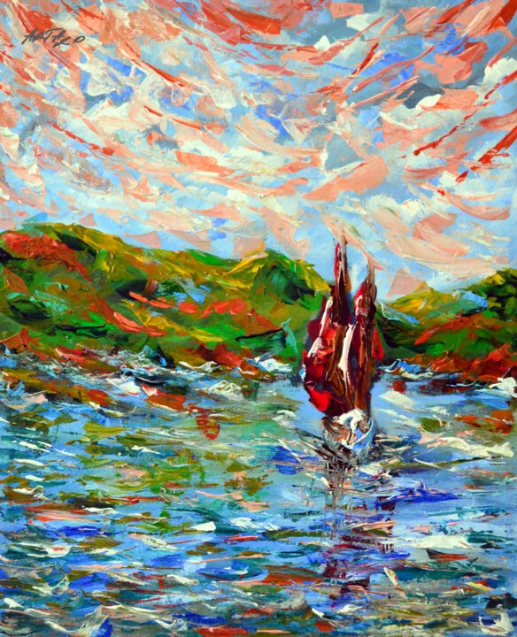 Click to view in high resolution Crimson and Turquoise Sailboat on Canvas