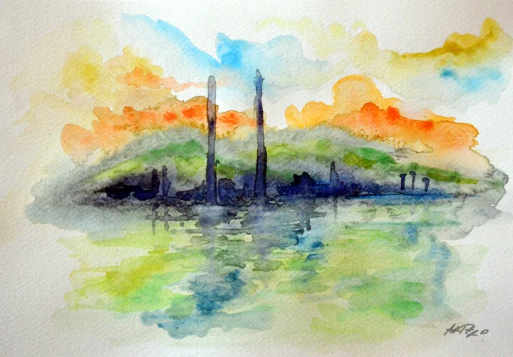 Click to view in high resolution Turquoise Watercolor Reflection of Dublin Towers