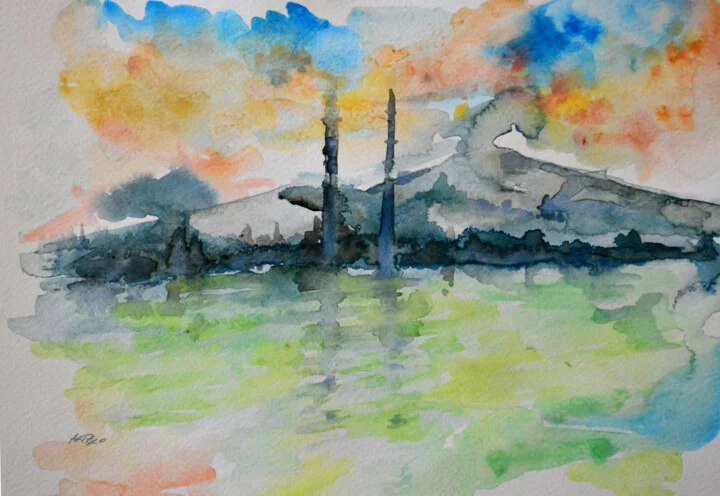 Click to view in high resolution Cerulean Dublin Skyline in Watercolor