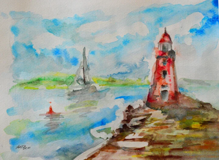 Click to view in high resolution Red Lighthouse by the Sea in Watercolor