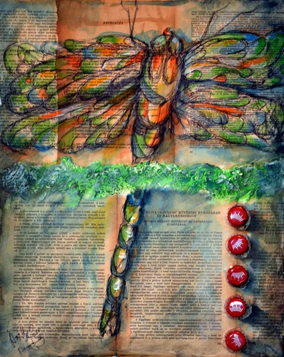 Click to view in high resolution Emerald Green Dragonfly on Mixed Media