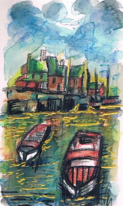 Click to view in high resolution Teal and Gold Boats Ink Drawing