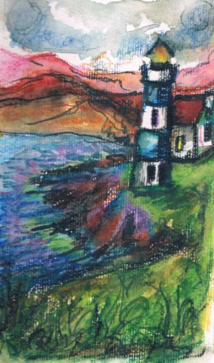 Click to view in high resolution Teal and Green Lighthouse Watercolor