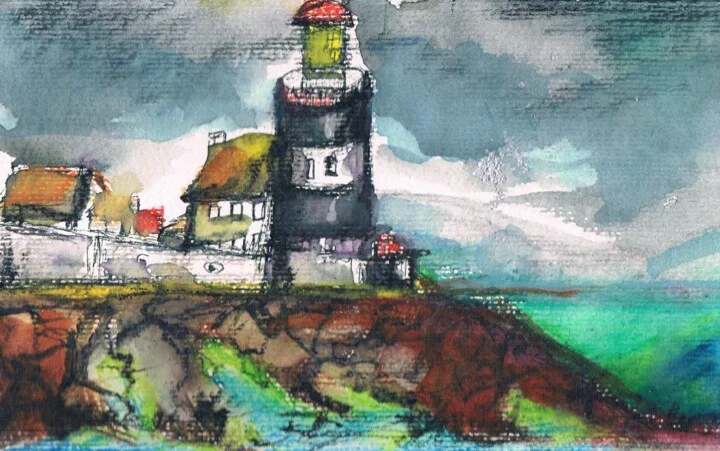Click to view in high resolution Vibrant Teal Lighthouse Drawing