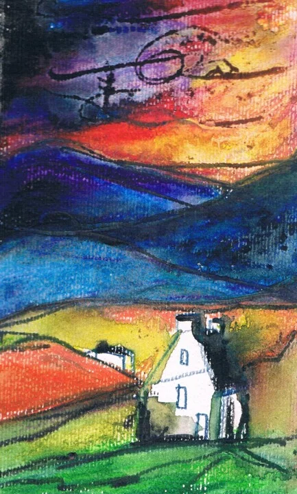 Click to view in high resolution Crimson and Deep Blue Watercolor Landscape