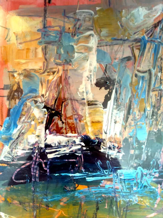 Click to view in high resolution Cerulean and Ochre Abstract on Paper