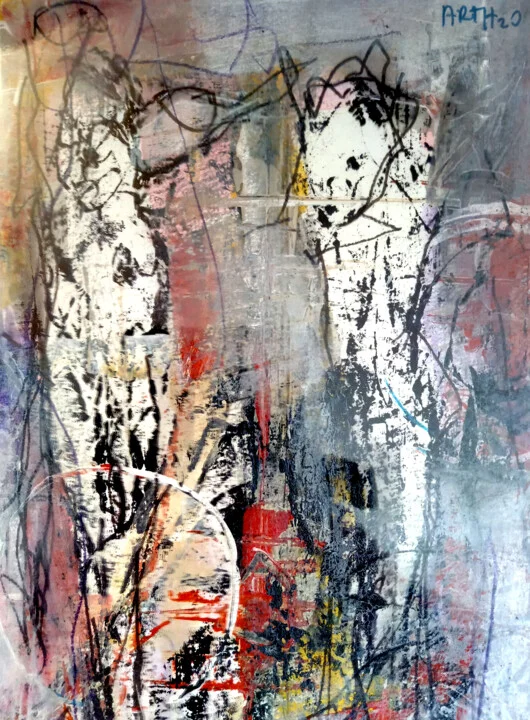 Click to view in high resolution Crimson and Charcoal Abstract on Paper