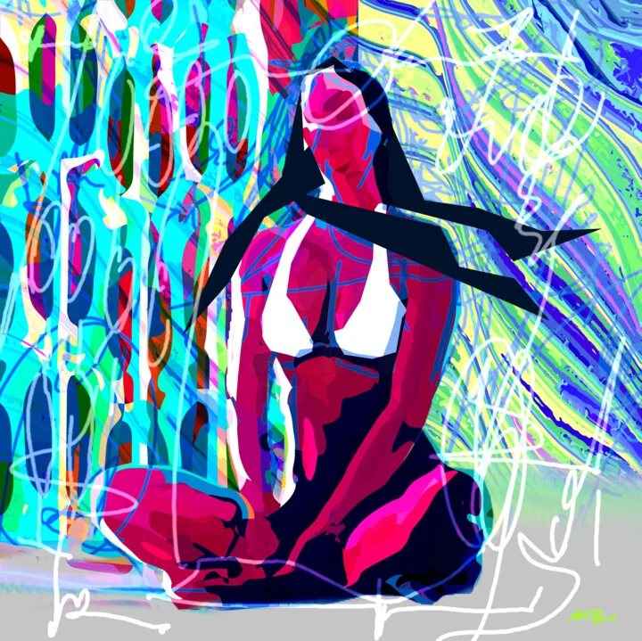 Click to view in high resolution Vibrant Pink and Blue Meditative Digital Art