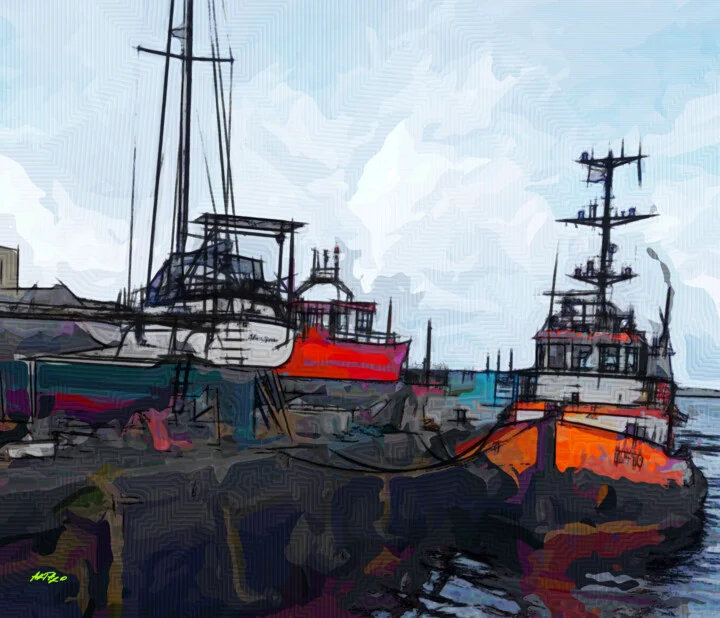 Click to view in high resolution Vibrant Orange Harbor Scene Digital Art