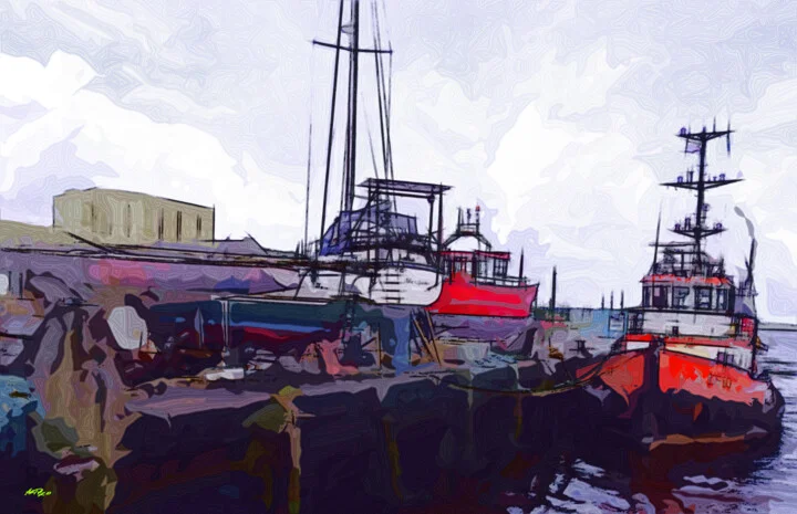 Click to view in high resolution Red Boats in Tranquil Harbor Digital Art