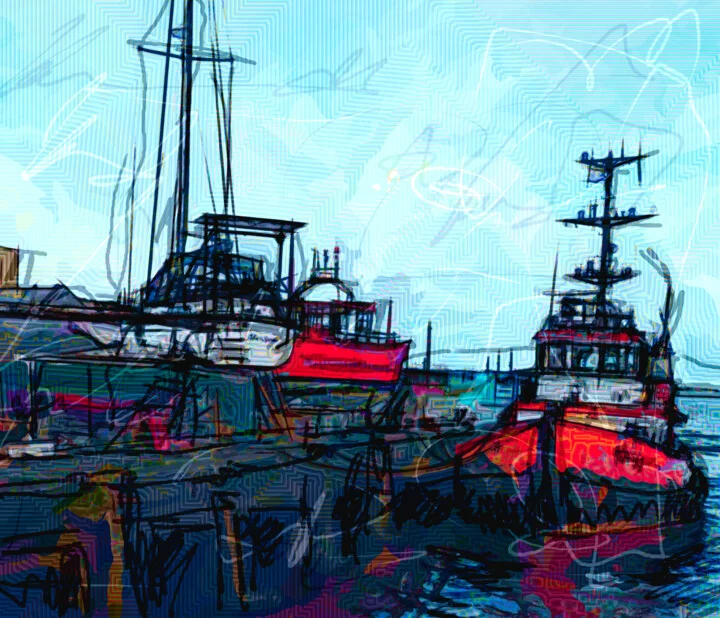 Click to view in high resolution Two Boats at Westport Harbour in Red and Blue