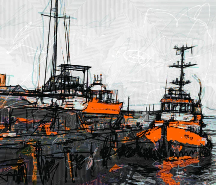 Click to view in high resolution Orange Ships at Harbour Digital Art