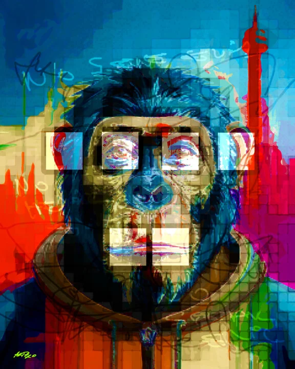 Click to view in high resolution Bright Blue and Orange Stylized Ape