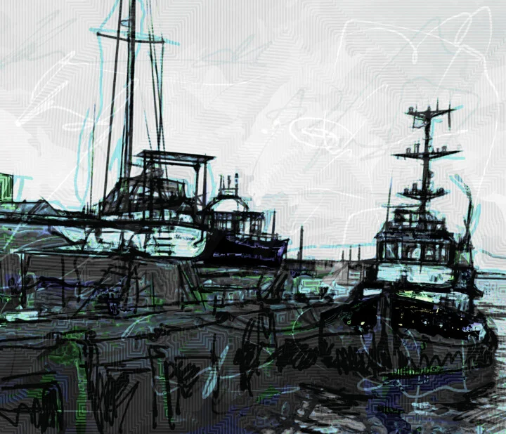 Click to view in high resolution Soft Grey and Blue Harbour Scene Digital Print