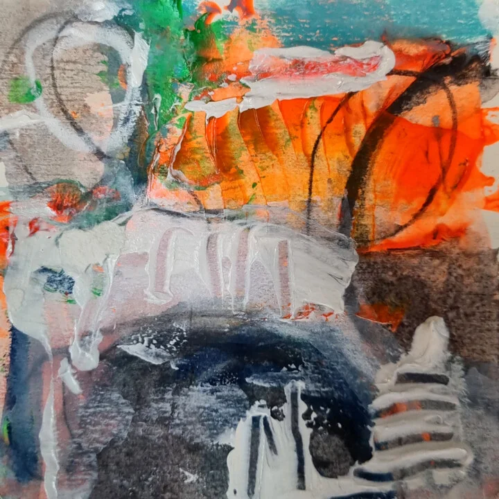 Click to view in high resolution Energetic Orange and Teal Abstract on Paper