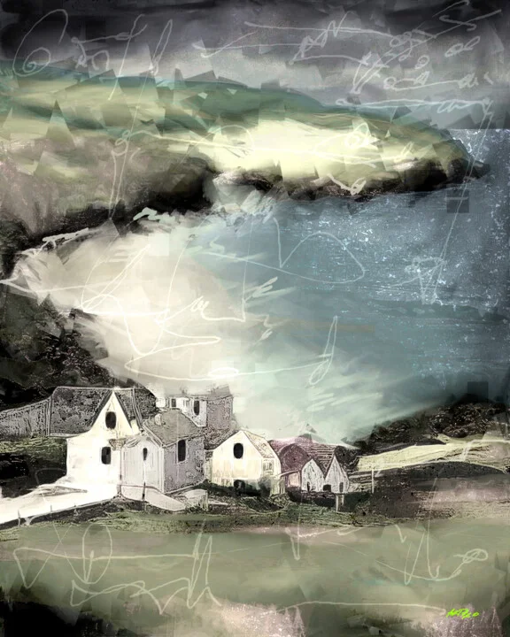 Click to view in high resolution Moody Cliffs with White Houses