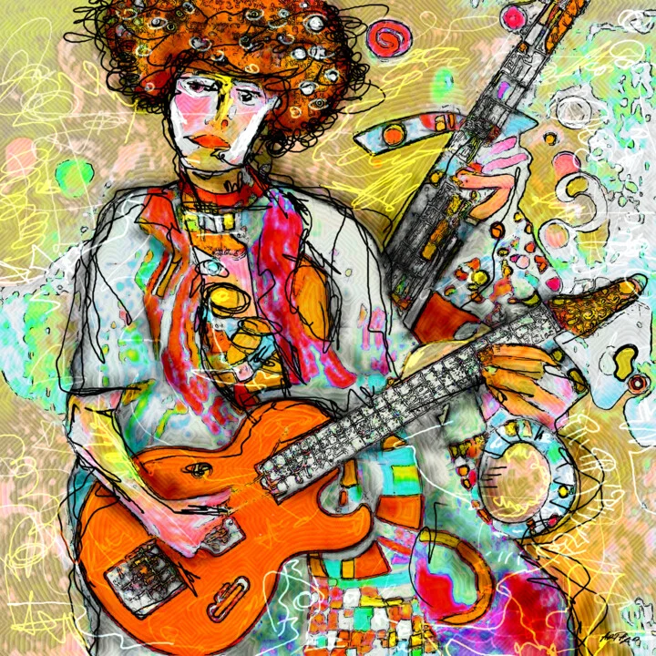 Click to view in high resolution Grey and Orange Guitarist Abstract Art