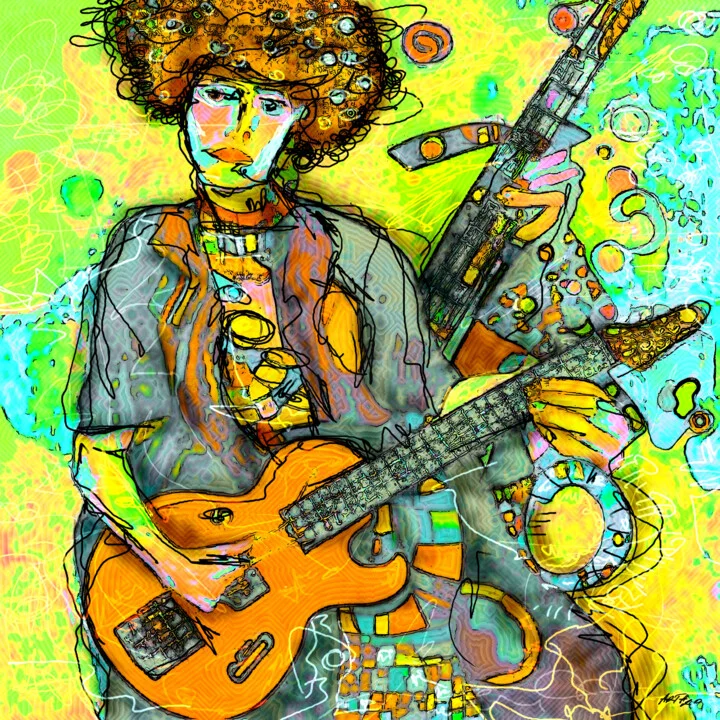 Click to view in high resolution Dynamic Orange Guitarist on Neon Background