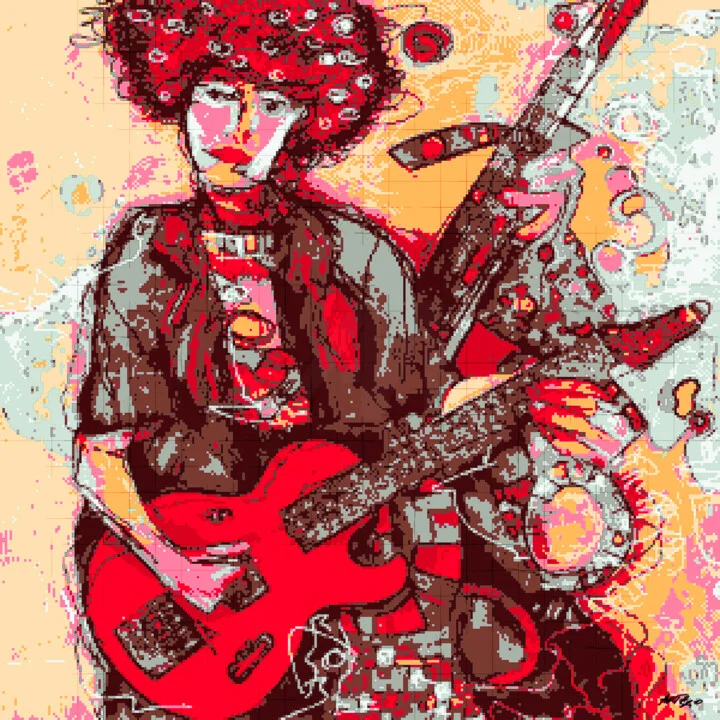 Click to view in high resolution Red and Peach Guitarist Digital Painting