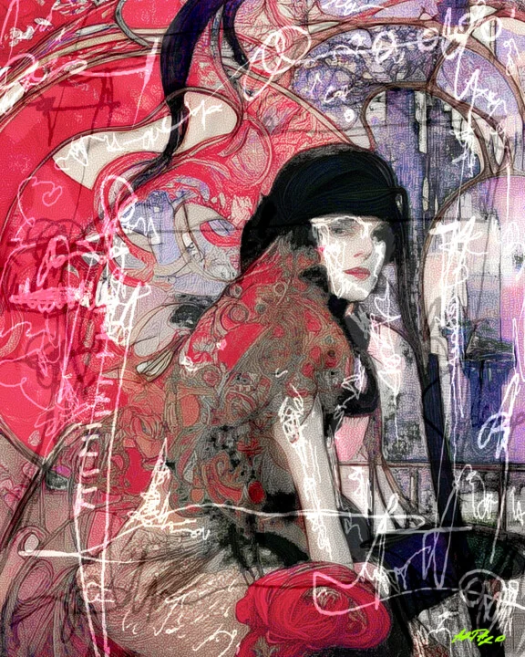 Click to view in high resolution Rich Crimson Woman in Hat Digital Art