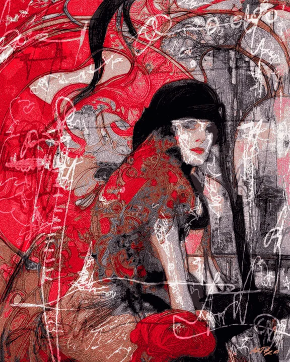 Click to view in high resolution Striking Red Woman in Hat Digital Art