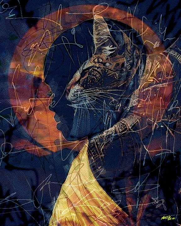 Click to view in high resolution Indigo & Gold Woman with Cat Portrait