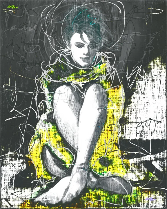 Click to view in high resolution Lime Green and Charcoal Contemplative Woman