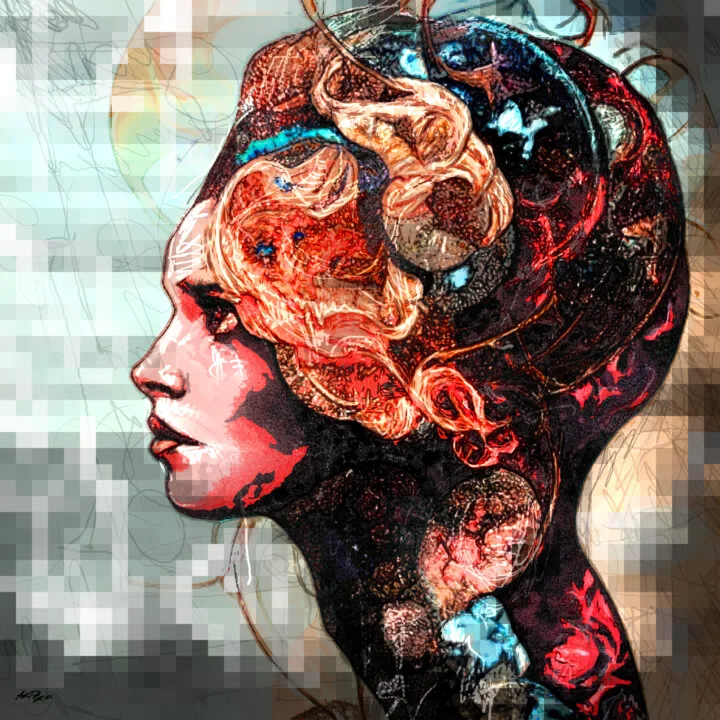 Click to view in high resolution Crimson Shadows in AI Portrait of a Woman