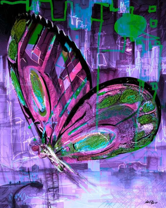 Click to view in high resolution Whimsical Purple and Green Butterfly Flight