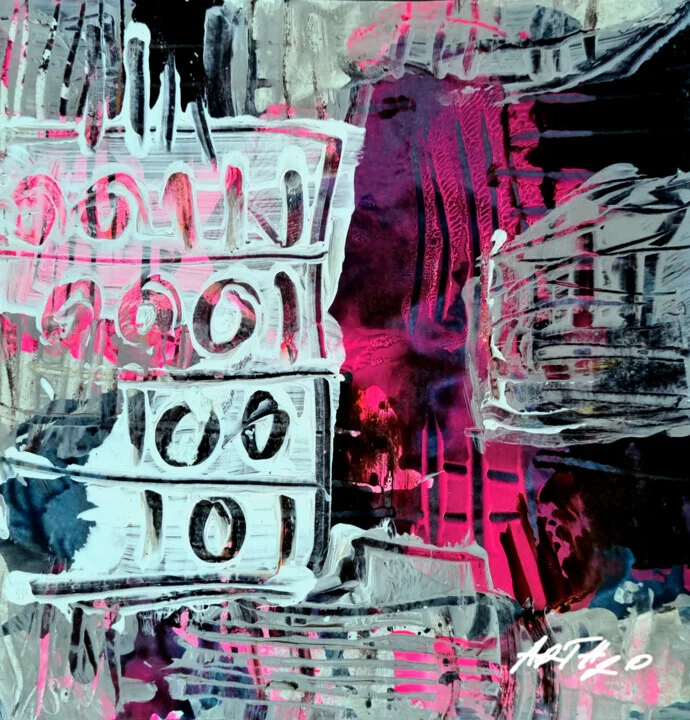 Vivid Pink and Gray Acrylic Composition