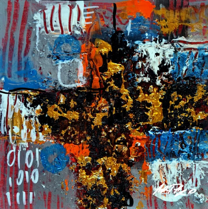 Click to view in high resolution Gold and Blue Abstract Burst on Paper