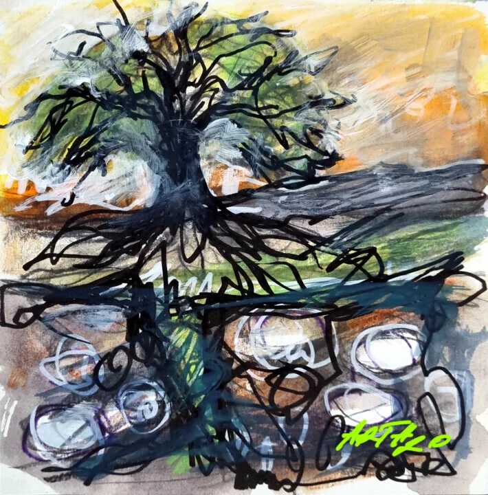 Click to view in high resolution Emerald and Black Abstract Tree on Paper