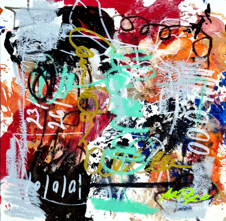 Crimson and Teal Abstract on Paper