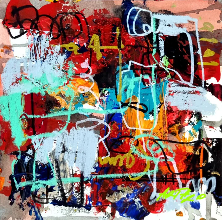 Crimson and Blue Energetic Abstract on Paper