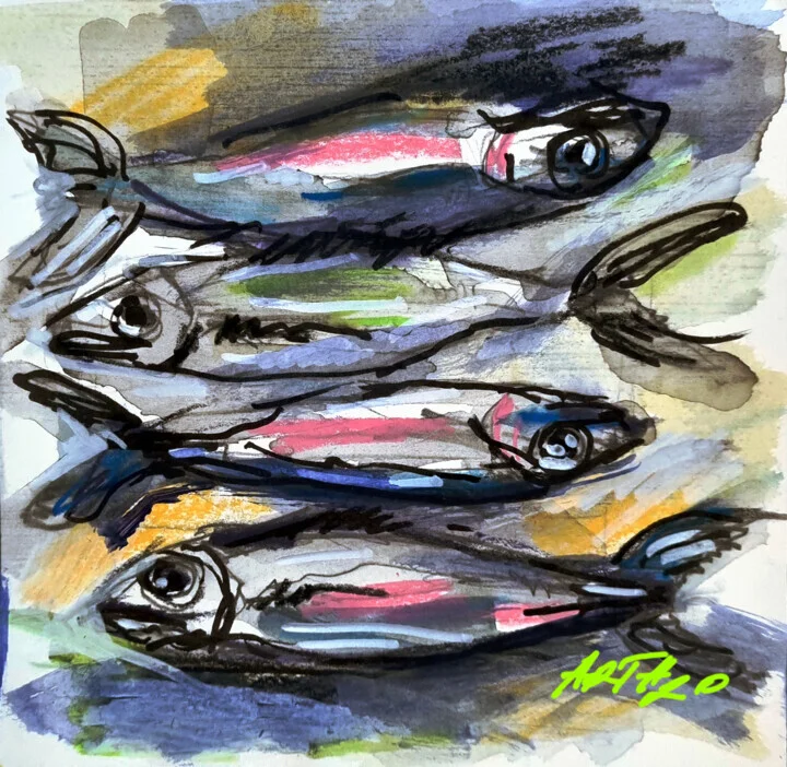 Pink and Black Expressionist Fish on Paper